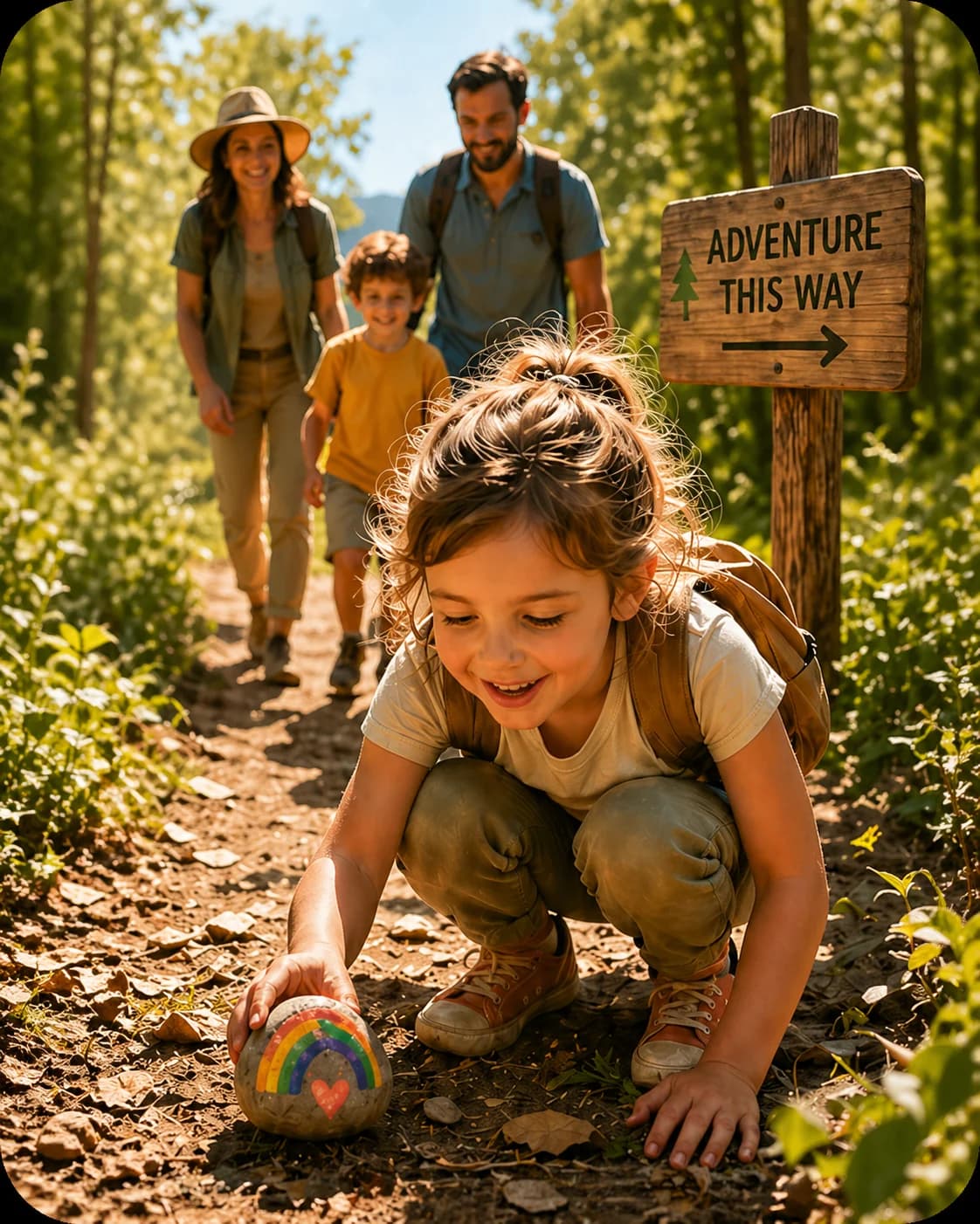 Family discovering a painted traveling stone on a sunny outdoor trail